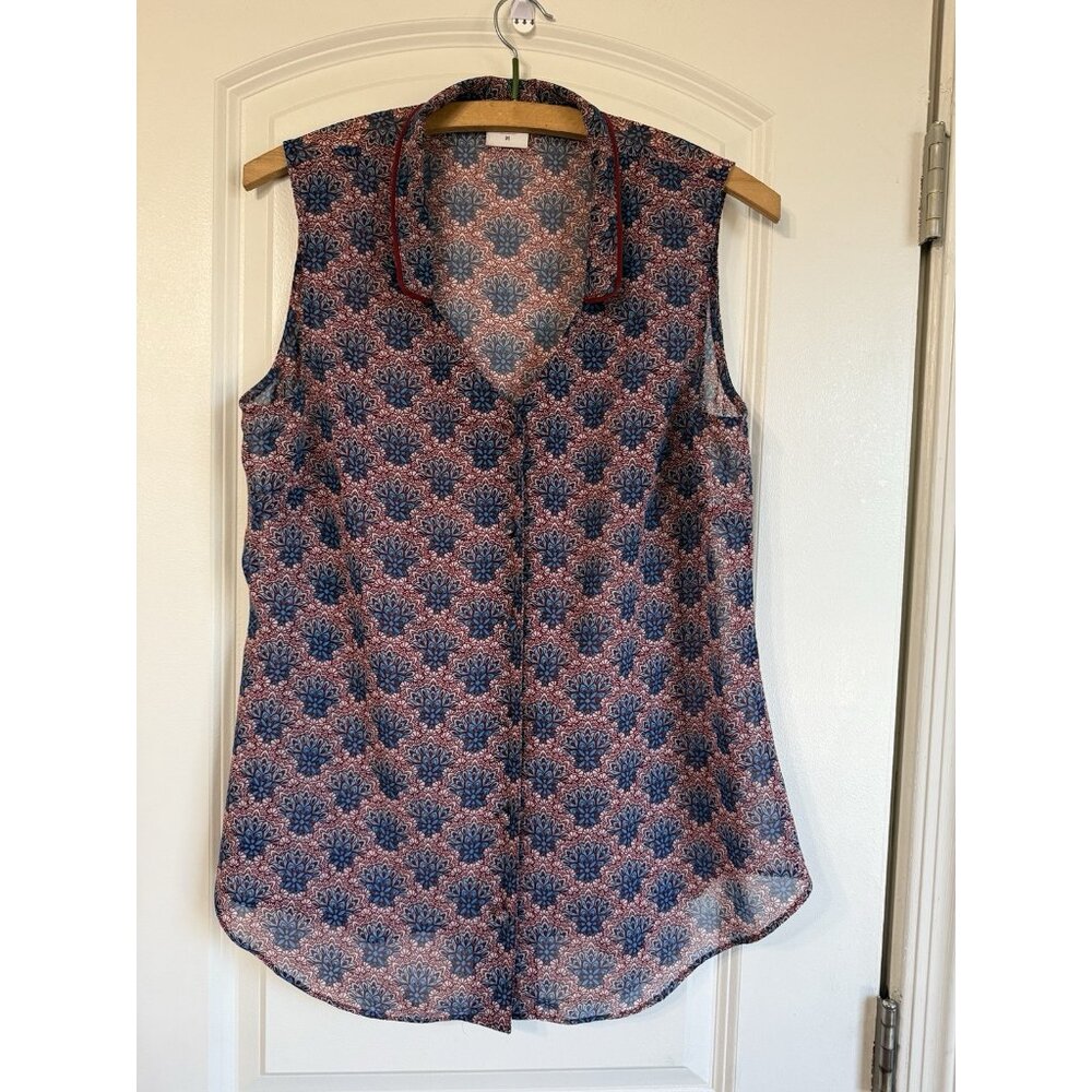 Cabi 3620 Fan Sheer Sleeveless Blouse Top Moroccan Geo Red Blue‎ Sz M